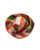 5" & 7" Wide Brim Coral & Blue Swirl Multicolor Stripes Packable Straw Sun Hat Handmade loomed raffia in multi width bands of denim light/blue, whisky caramel/red/brown, black, dark forest/green, midori lime/green, and natural straw color create a swirl pattern - Shebobo