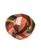 5" & 7" Wide Brim Coral & Blue Swirl Multicolor Stripes Packable Straw Sun Hat Handmade loomed raffia in multi width bands of denim light/blue, whisky caramel/red/brown, black, dark forest/green, midori lime/green, and natural straw color create a swirl pattern - Shebobo