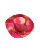 5" & 7" Wide Brim Fuchsia & Red Swirl Multicolor Stripes Packable Straw Sun Hat Handmade loomed raffia in multi width bands of fuchsia hot/bright/pink, red, and natural straw color create a swirl pattern - Shebobo