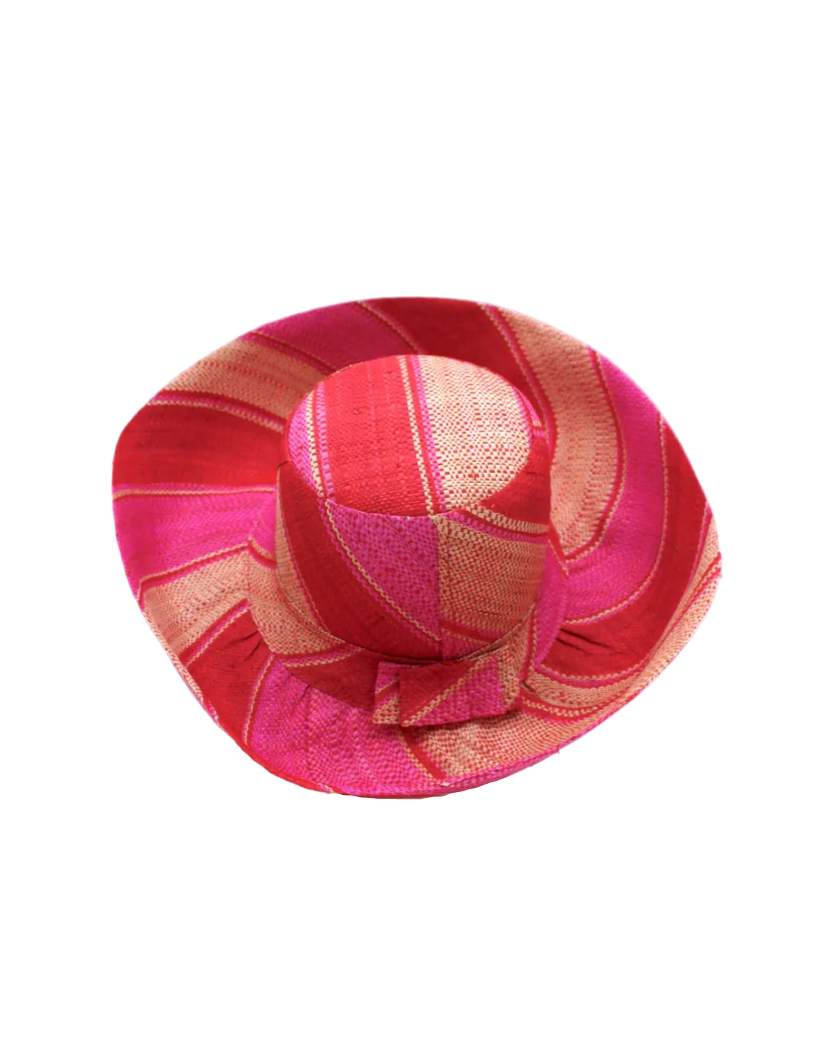 5" & 7" Wide Brim Fuchsia & Red Swirl Multicolor Stripes Packable Straw Sun Hat Handmade loomed raffia in multi width bands of fuchsia hot/bright/pink, red, and natural straw color create a swirl pattern - Shebobo