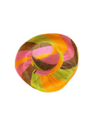 Monica 5" & 7" Wide Brim Ipanema Swirl Multicolor Stripes Packable Straw Sun Hat Handmade loomed raffia in multi width bands of saffron yellow/orange, wisteria lilac/light/purple, midori lime/green, black, create a swirl pattern - Shebobo