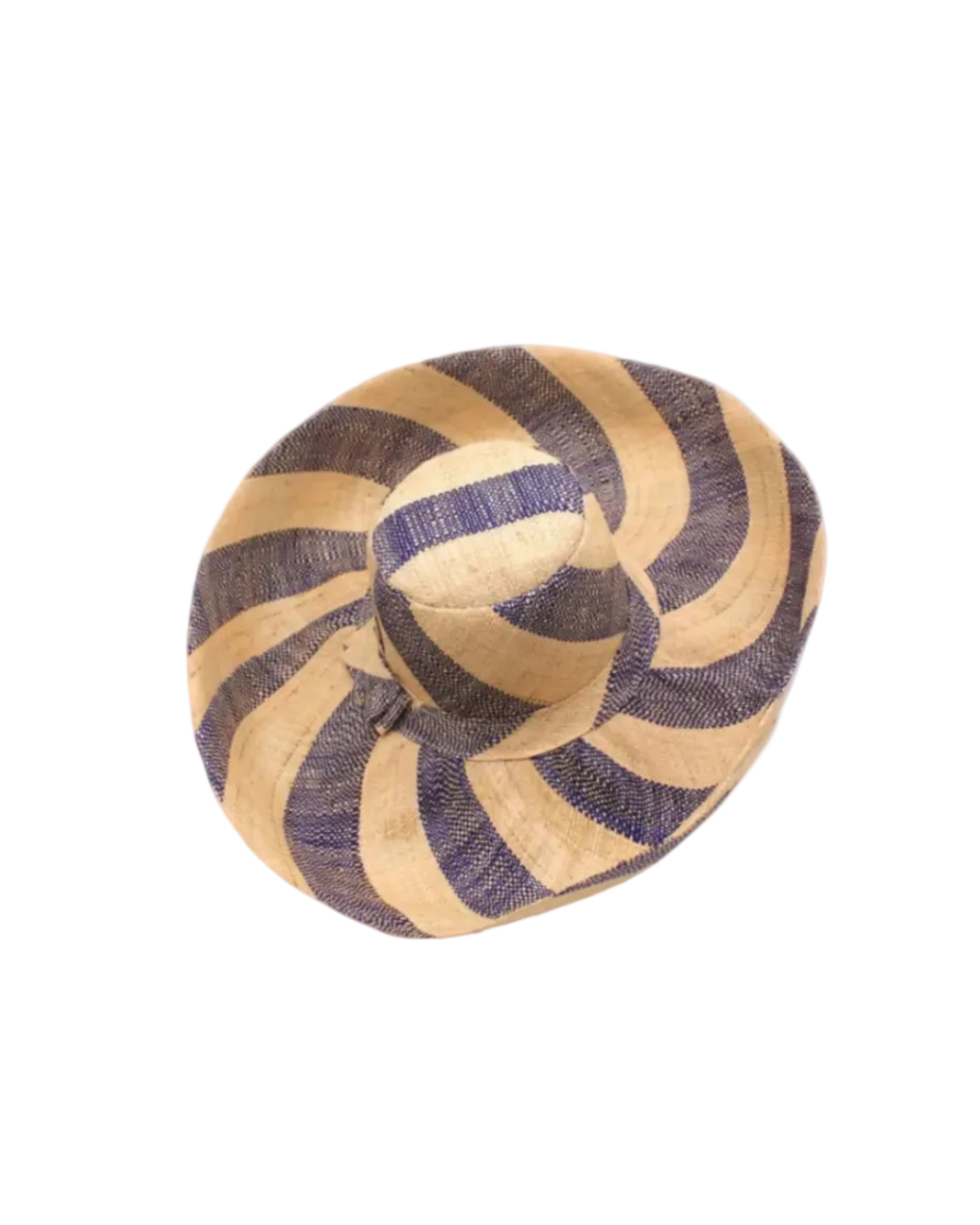 Monica 5" & 7" Wide Brim Navy & Natural Stripe Multicolor Stripes Packable Straw Sun Hat Handmade loomed raffia in even width bands of navy dark/blue, and natural straw color create a swirl pattern - Shebobo