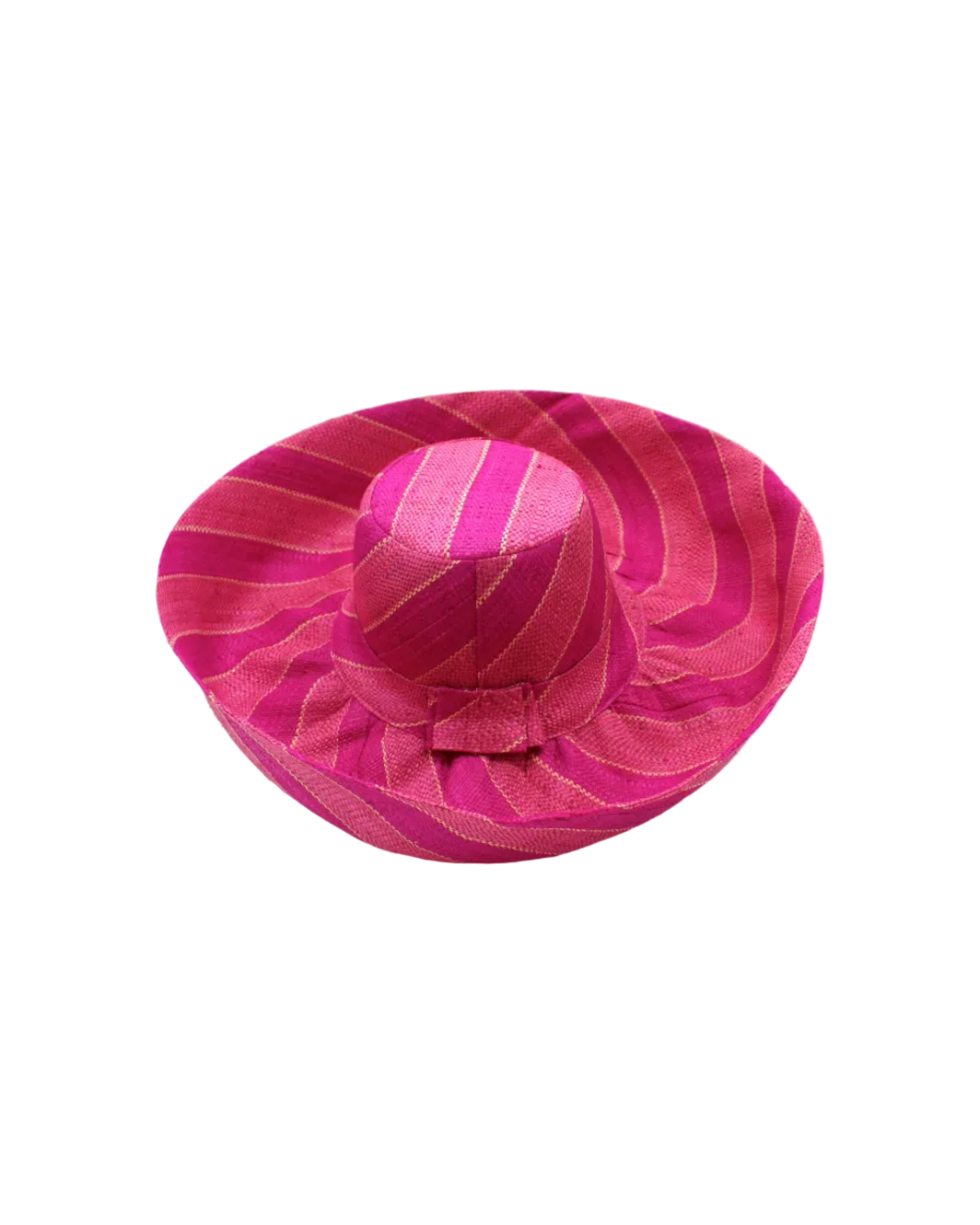 Monica 5" & 7" Wide Brim Pink & Fuchsia Swirl Multicolor Stripes Packable Straw Sun Hat Handmade loomed raffia in multi width bands of light pink, fuchsia hot/bright/barbie/pink, natural straw color, etc. create a swirl pattern - Shebobo 