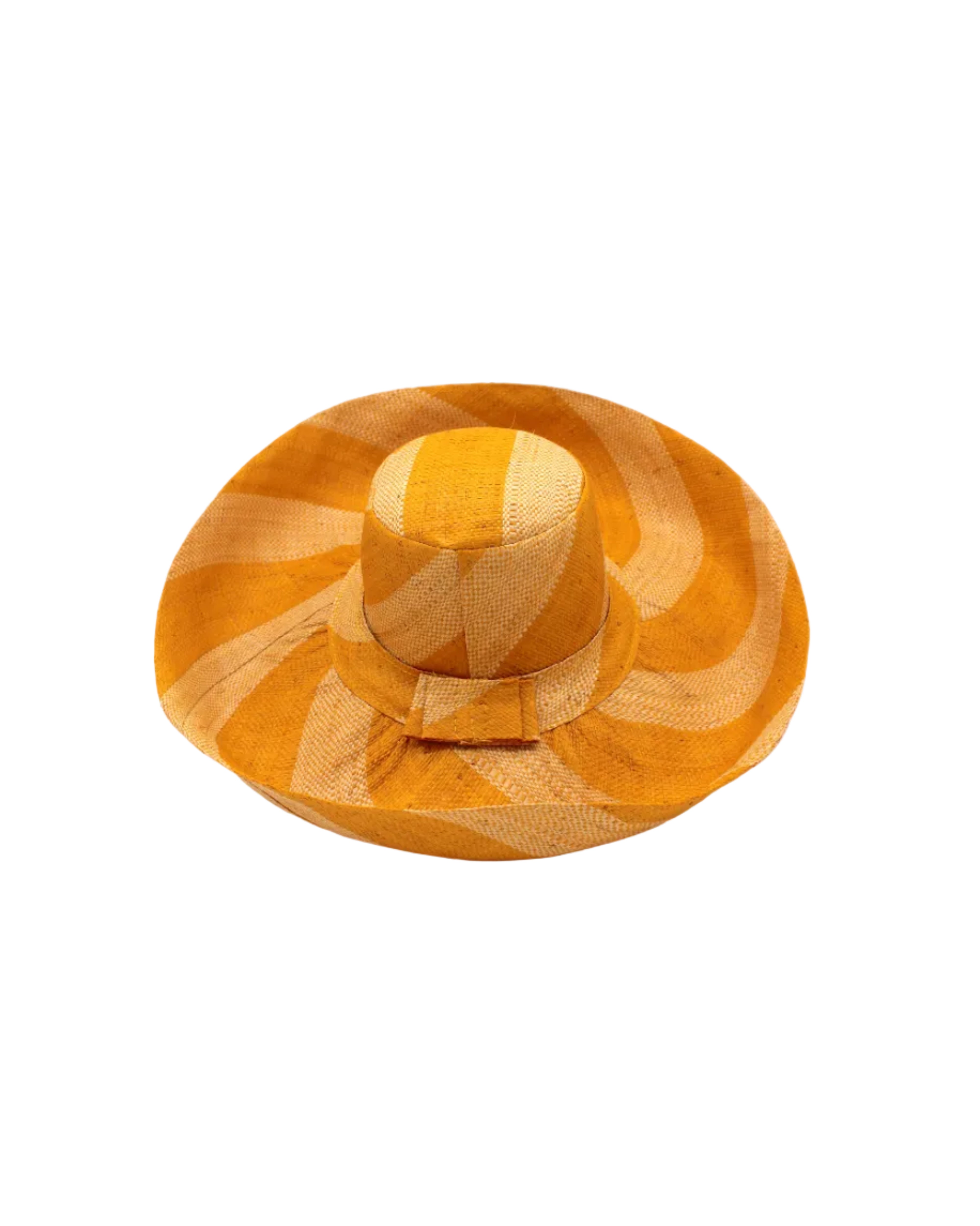 Monica 5" & 7" Wide Brim Saffron & Natural Stripe Multicolor Stripes Packable Straw Sun Hat Handmade loomed raffia in even width bands of saffron yellow/orange, and natural straw color create a swirl pattern - Shebobo