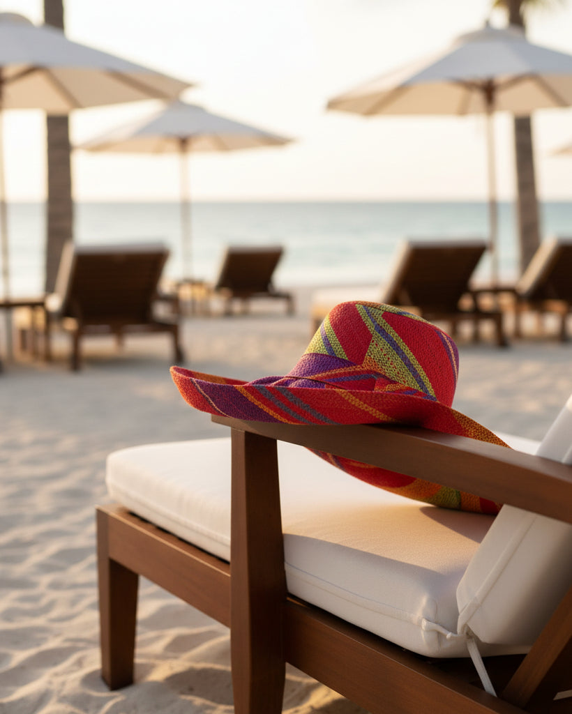 Lifestyle view Monica 5" & 7" Wide Brim Sangria Swirl Multicolor Stripes Packable Straw Sun Hat Handmade loomed raffia in multi width bands of red, purple, midori lime/green, turquoise blue, saffron yellow/orange, natural straw color, etc. create a swirl pattern - Shebobo