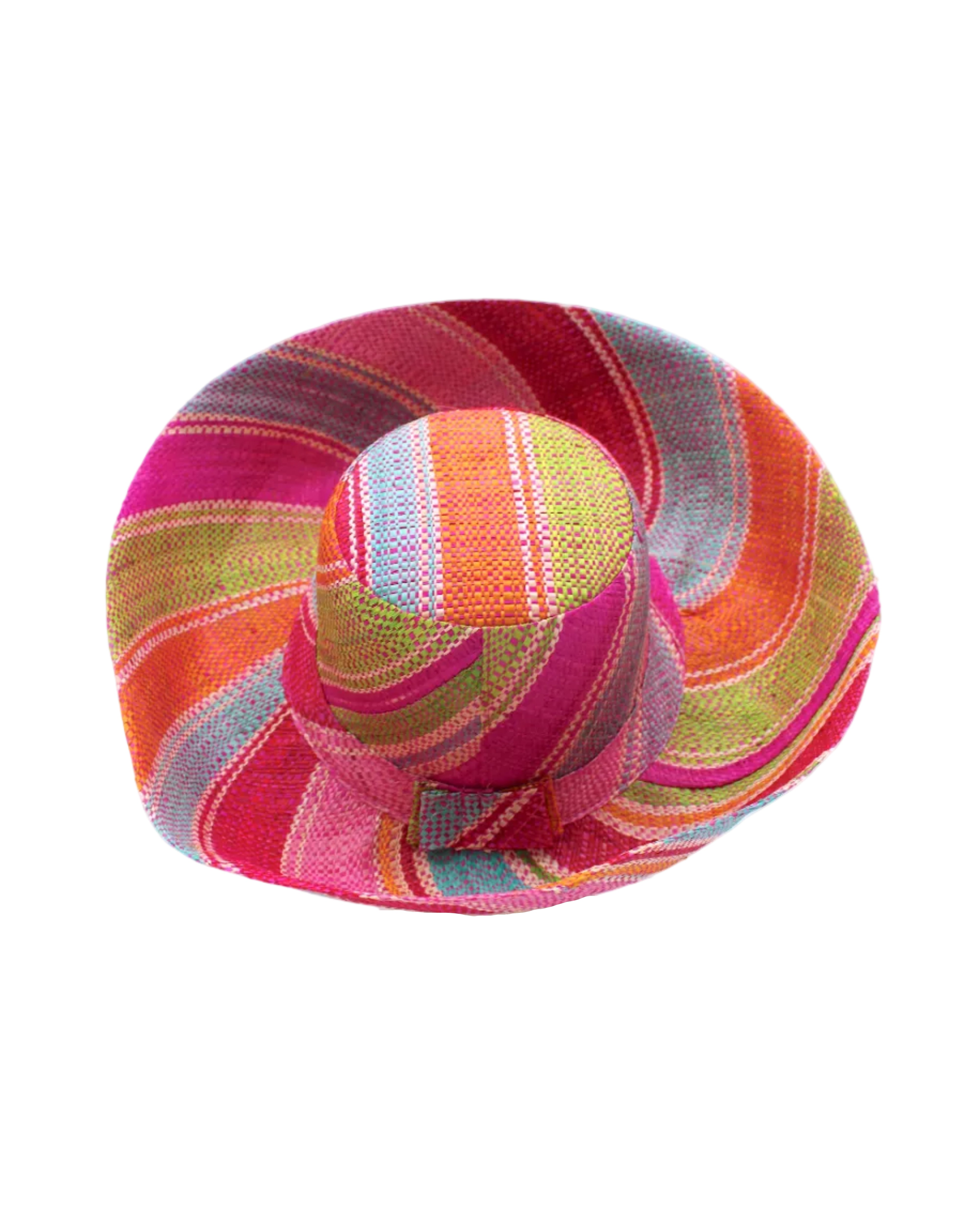 5" & 7" Wide Brim Zazzleberry Swirl Multicolor Stripes Packable Straw Sun Hat Handmade loomed raffia in multi width bands of fuchsia hot/bright/pink, light blue, light pink, red, orange, lime green, denim grey/blue, turquoise, and natural straw color create a swirl pattern - Shebobo