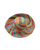 Monica 5" & 7" Wide Brim Amalfi Swirl Multicolor Stripes Packable Straw Sun Hat handmade loomed raffia in bands of natural straw color, mocha chocolate/dark/brown, green, red, and turquoise blue stripes create a swirl pattern - Shebobo