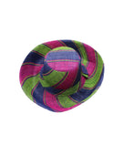 Monica 5" & 7" Wide Brim Blueberry Swirl Multicolor Stripes Packable Straw Sun Hat Handmade loomed raffia in multi width bands of fuchsia pink, dusk navy/dark/blue, and lime green create a swirl pattern - Shebobo
