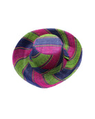 Monica 5" & 7" Wide Brim Blueberry Swirl Multicolor Stripes Packable Straw Sun Hat Handmade loomed raffia in multi width bands of fuchsia pink, dusk navy/dark/blue, and lime green create a swirl pattern - Shebobo