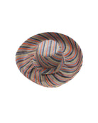 Monica 5" & 7" Wide Brim Cloudberry Swirl Multicolor Stripes Packable Straw Sun Hat handmade loomed raffia in bands of coral orange/red, denim retro/light/blue, seafoam light/blue/green, black, cappuccino tea/light/brown stripes create a swirl pattern - Shebobo