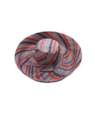 Monica 5" & 7" Wide Brim Mulberry Swirl Multicolor Stripes Packable Straw Sun Hat handmade loomed raffia in bands of red, denim retro/light/blue, black, seafoam light/blue/green stripes create a swirl pattern - Shebobo