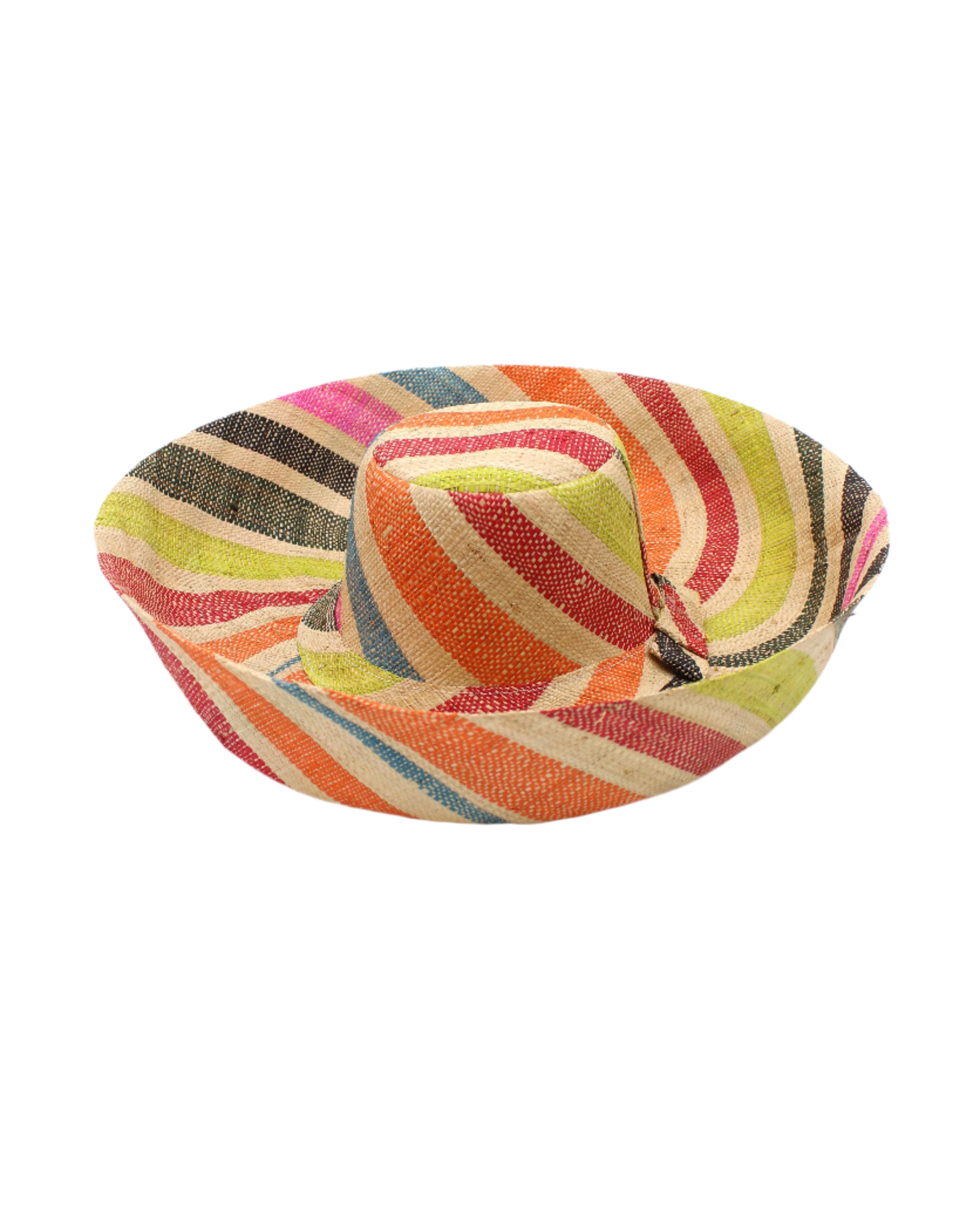 Monica 5" & 7" Wide Brim Multi Stripe Multicolor Stripes Packable Straw Sun Hat handmade loomed raffia in bands of natural straw color, red, orange, lime green, turquoise blue, pink, olive green, and black stripes create a swirl pattern - Shebobo