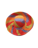 Monica 5" & 7" Wide Brim Na Pali Swirl Multicolor Stripes Packable Straw Sun Hat handmade loomed raffia in bands of red, saffron yellow/orange, midori lime/green, and denim retro/light/blue stripes create a swirl pattern - Shebobo