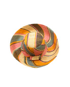Monica 5" & 7" Wide Brim Pink Blue Swirl Multicolor Stripes Packable Straw Sun Hat Handmade loomed raffia in multi width bands of saffron yellow, light pink, light blue, black, natural straw color etc. create a swirl pattern - Shebobo
