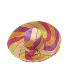 Monica 5" & 7" Wide Brim Pink Lemonade Swirl Multicolor Stripes Packable Straw Sun Hat handmade loomed raffia in bands of natural straw color, purple, saffron yellow/orange, midori lime/green, and fuchsia bright/pink stripes create a swirl pattern - Shebobo