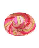 Monica 5" & 7" Wide Brim Pink & Midori Swirl Multicolor Stripes Packable Straw Sun Hat handmade loomed raffia in bands of natural straw color, light pink, fuchsia bright/pink, red, and midori lime/green stripes create a swirl pattern - Shebobo