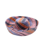 Monica 5" & 7" Wide Brim Retro Swirl Packable Straw Sun Hat handmade loomed raffia in multi width stripes of denim retro/light/blue, coral orange/red, dusk navy/dark/blue, and light pink create a swirl pattern - Shebobo