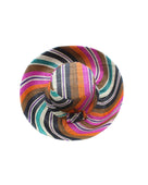 Monica 5" & 7" Wide Brim Revel Swirl Multicolor Stripes Packable Straw Sun Hat Handmade loomed raffia in multi width bands of coral orange, fuchsia pink, teal blue/green, purple, cinnamon/tobacco/brown, black, natural straw color etc. create a swirl pattern - Shebobo