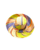 Monica 5" & 7" Wide Brim Rio Swirl Multicolor Stripes Packable Straw Sun Hat Handmade loomed raffia in multi width bands of cappuccino light brown, lime green, saffron yellow, red, purple, navy blue, natural straw color, etc. create a swirl pattern - Shebobo