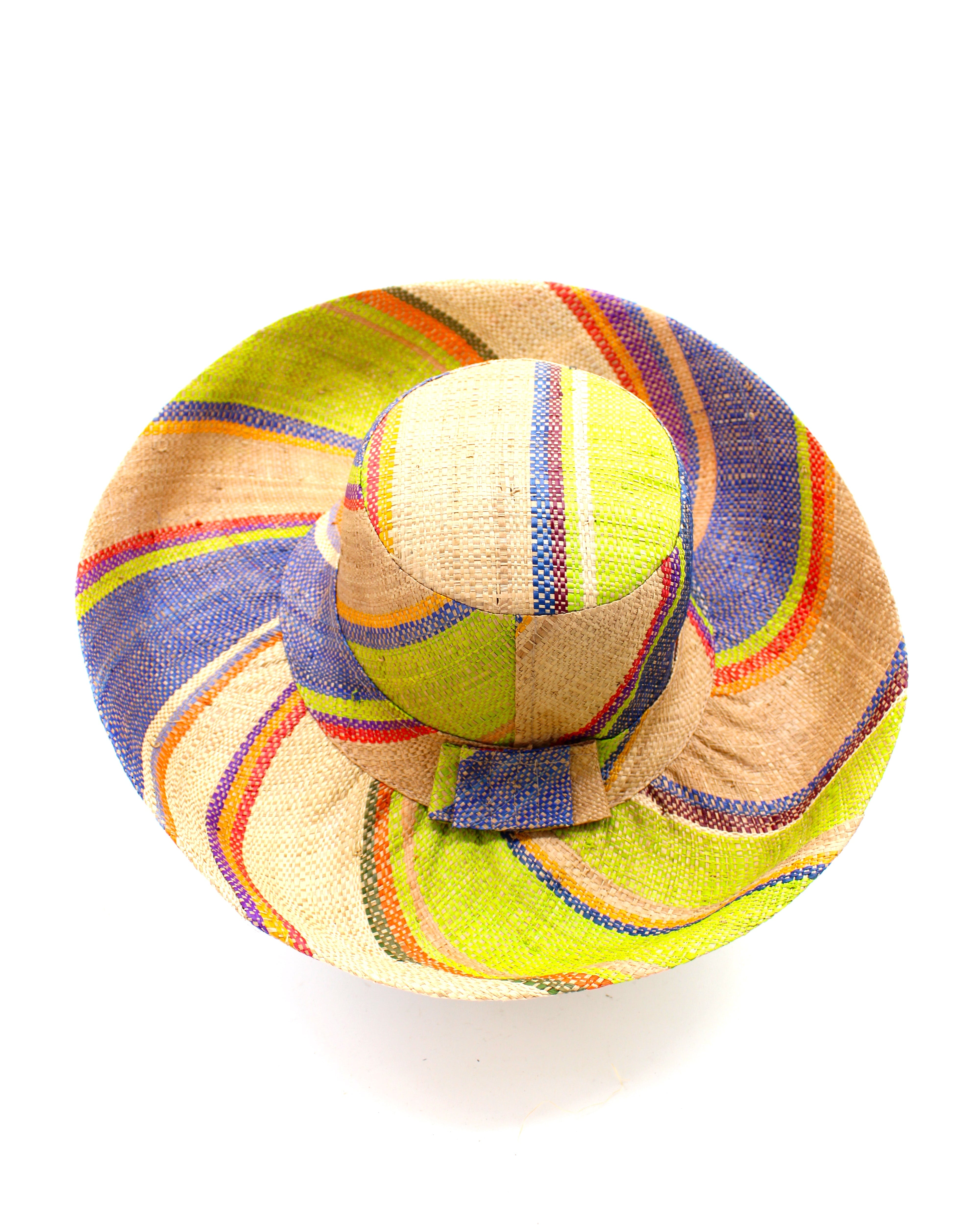 Monica 5" & 7" Wide Brim Rio Swirl Multicolor Stripes Packable Straw Sun Hat Handmade loomed raffia in multi width bands of cappuccino light brown, lime green, saffron yellow, red, purple, navy blue, natural straw color, etc. create a swirl pattern - Shebobo