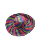 Monica 5" & 7" Wide Brim Riviera Swirl Multicolor Stripes Packable Straw Sun Hat handmade loomed raffia in bands of fuchsia hot/bright/pink, purple, coral orange/red, midori lime/green, and turquoise blue stripes create a swirl pattern - Shebobo