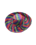 Monica 5" & 7" Wide Brim Riviera Swirl Multicolor Stripes Packable Straw Sun Hat handmade loomed raffia in bands of fuchsia hot/bright/pink, purple, coral orange/red, midori lime/green, and turquoise blue stripes create a swirl pattern - Shebobo