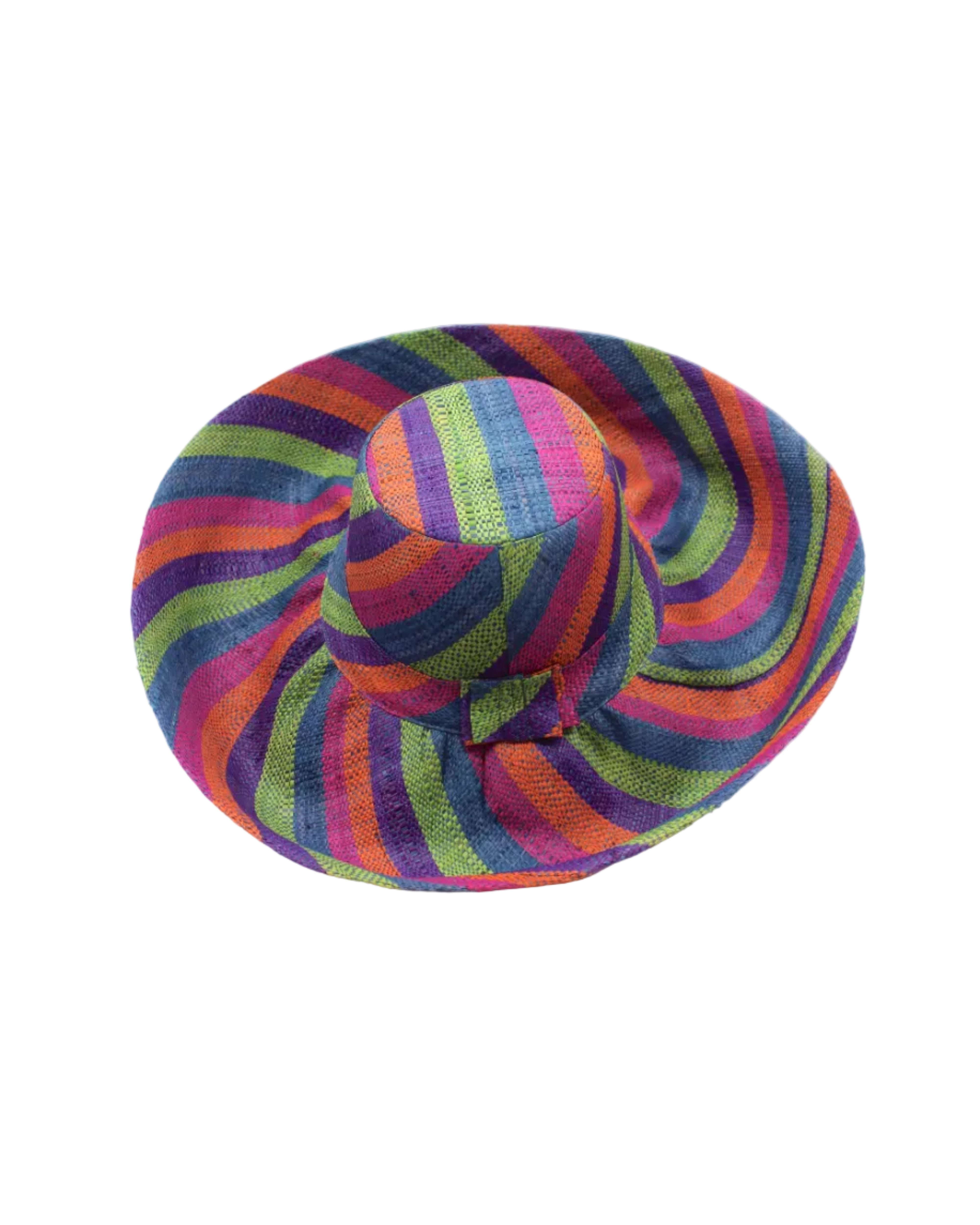 Monica 5" & 7" Wide Brim Riviera Swirl Multicolor Stripes Packable Straw Sun Hat handmade loomed raffia in bands of fuchsia hot/bright/pink, purple, coral orange/red, midori lime/green, and turquoise blue stripes create a swirl pattern - Shebobo