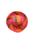 Monica 5" & 7" Wide Brim Whimsy Swirl Multicolor Stripes Packable Straw Sun Hat Handmade loomed raffia in multi width bands of coral orange, fuchsia pink, black, natural straw color, etc. create a swirl pattern - Shebobo