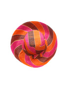 Monica 5" & 7" Wide Brim Whimsy Swirl Multicolor Stripes Packable Straw Sun Hat Handmade loomed raffia in multi width bands of coral orange, fuchsia pink, black, natural straw color, etc. create a swirl pattern - Shebobo
