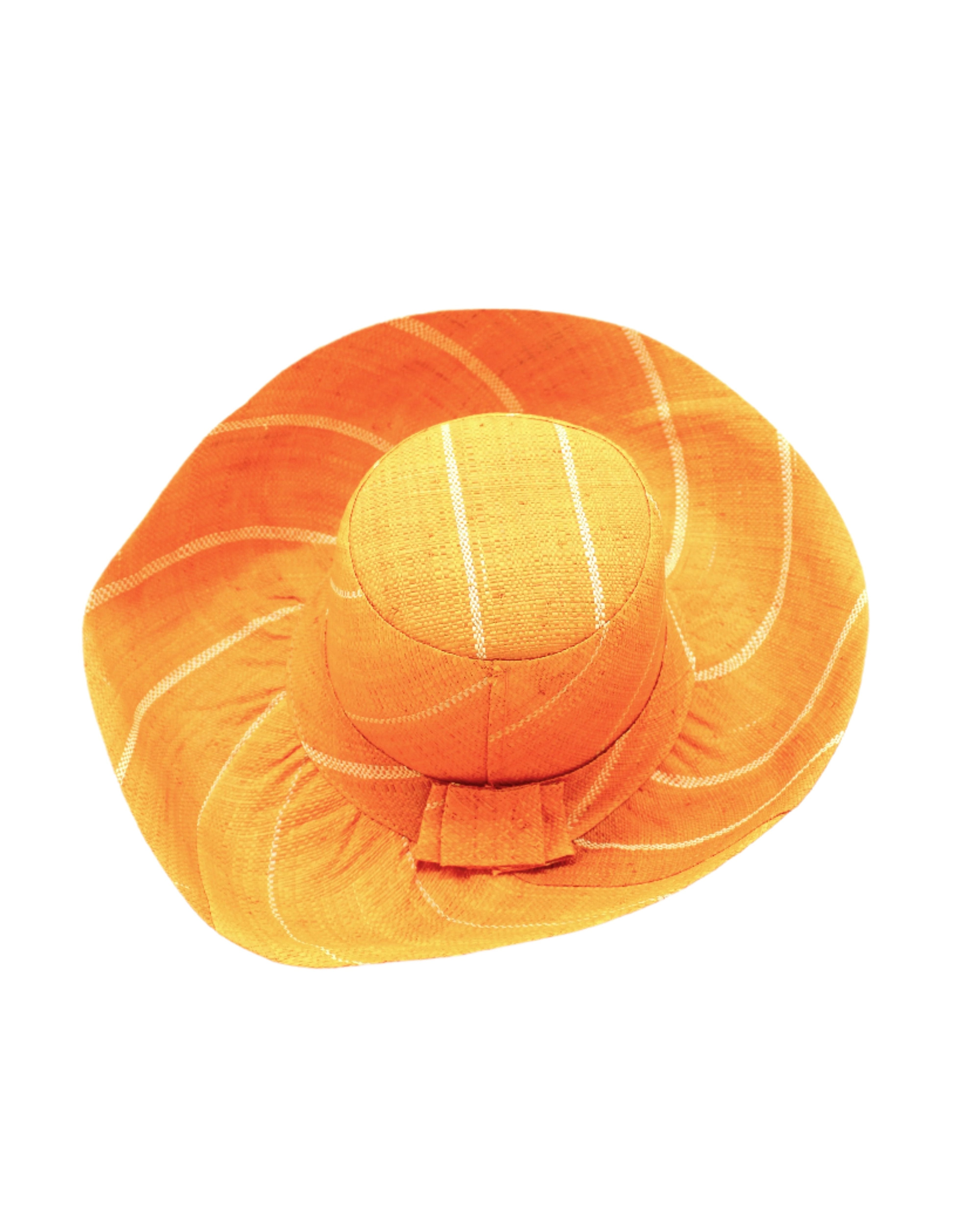 Monica 5" & 7" Wide Brim Saffron Pinstripes Packable Straw Sun Hat handmade loomed raffia in wide stripes of saffron yellow/orange with narrow stripes of natural creating a swirl pattern - Shebobo