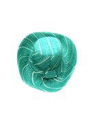 Monica 5" & 7" Wide Brim Teal Pinstripes Packable Straw Sun Hat handmade loomed raffia in wide stripes of teal dark/green/blue with narrow stripes of natural creating a swirl pattern - Shebobo