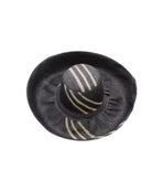 Monica 5" & 7" Wide Brim Racing Stripe Packable Straw Sun Hats handmade loomed natural raffia palm fiber in a solid hue of black with a three stripe racing stripe pinstripe pattern of natural straw color that creates a swirl around the crown and brim of the hat lightweight breathable sun protection - Shebobo