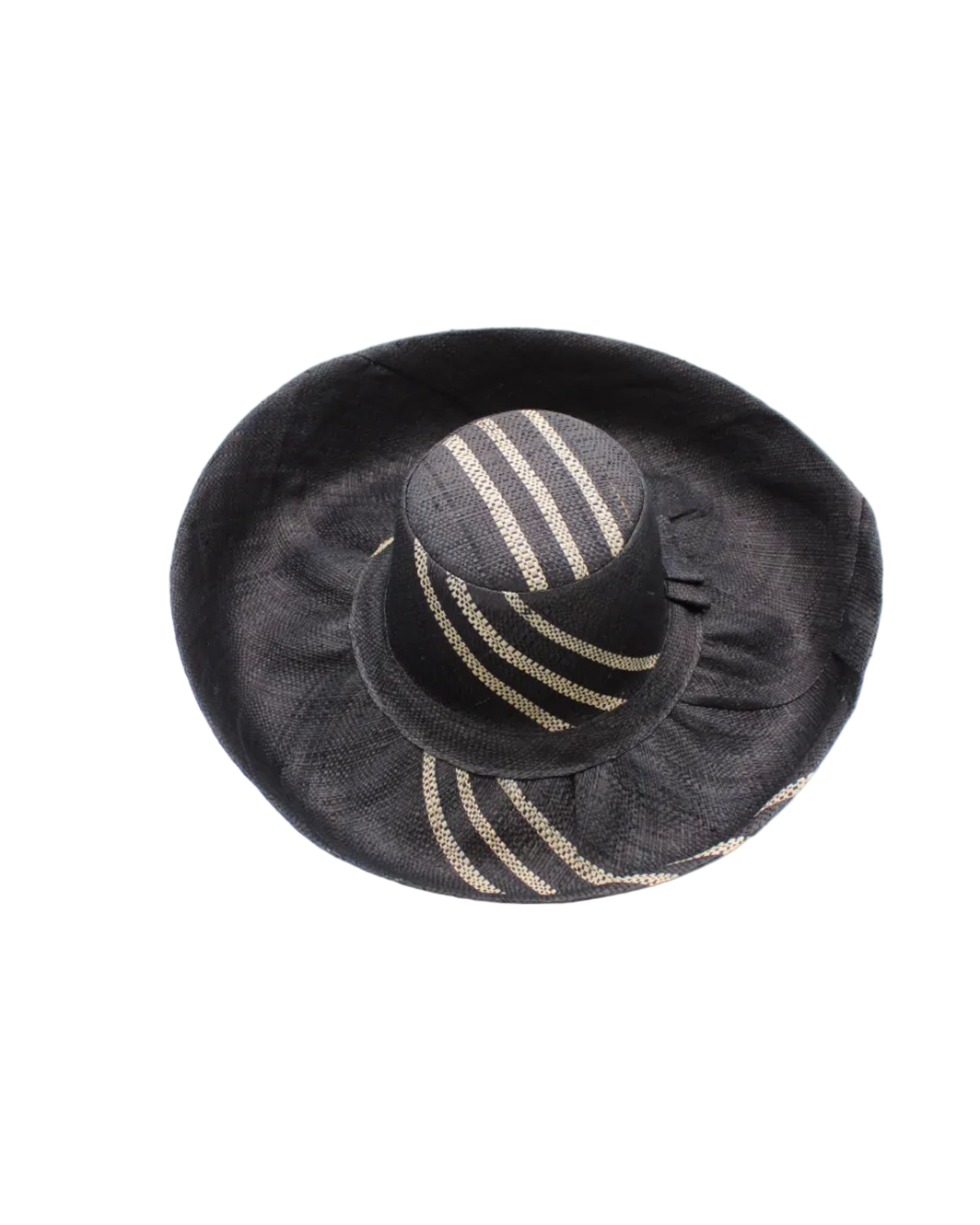 Monica 5" & 7" Wide Brim Racing Stripe Packable Straw Sun Hats handmade loomed natural raffia palm fiber in a solid hue of black with a three stripe racing stripe pinstripe pattern of natural straw color that creates a swirl around the crown and brim of the hat lightweight breathable sun protection - Shebobo