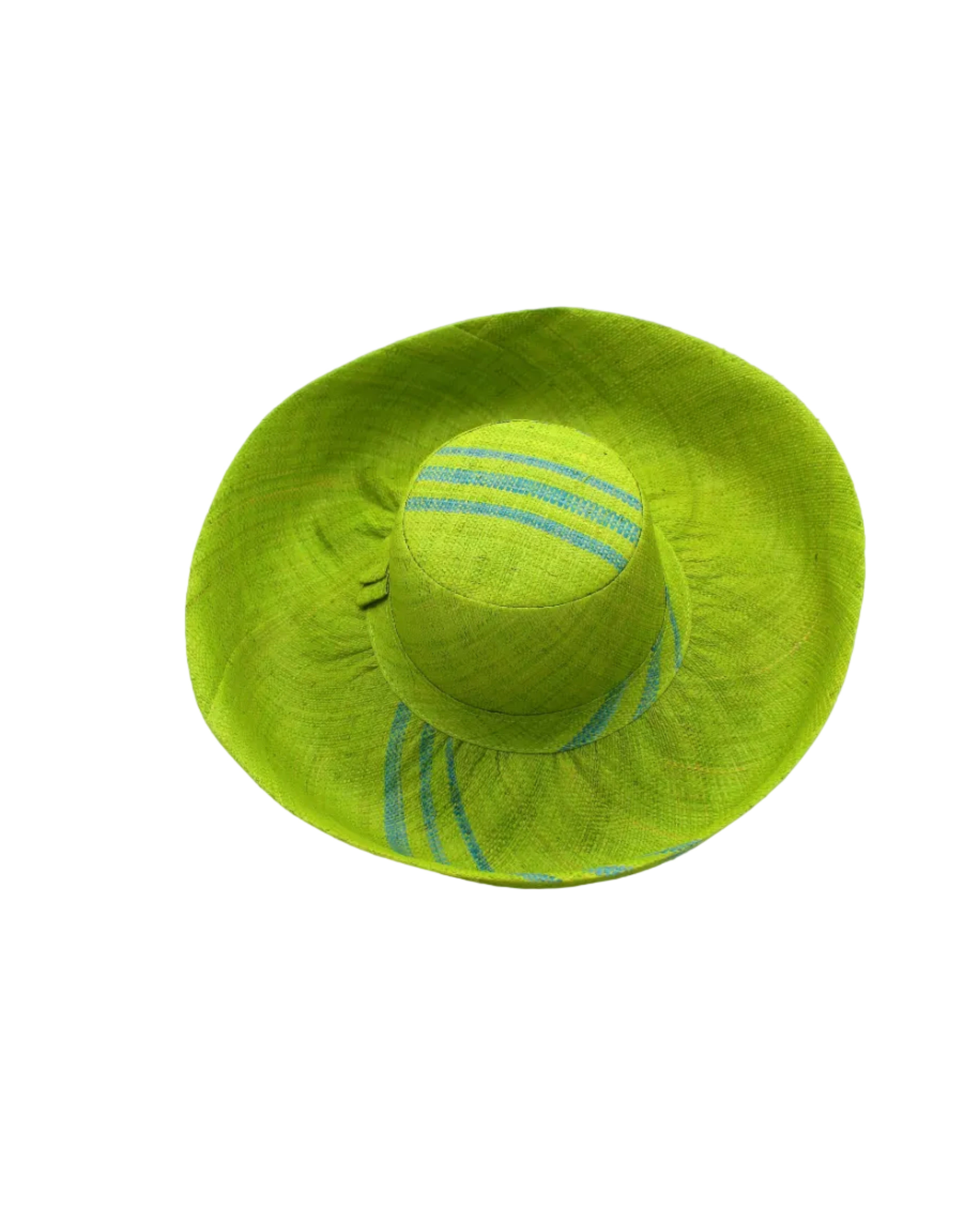 Monica 5" & 7" Wide Brim Racing Stripe Packable Straw Sun Hats handmade loomed natural raffia palm fiber in a solid hue of midori bright/neon/lime/green with a three stripe racing stripe pinstripe pattern of turquoise blue/green that creates a swirl around the crown and brim of the hat lightweight breathable sun protection - Shebobo