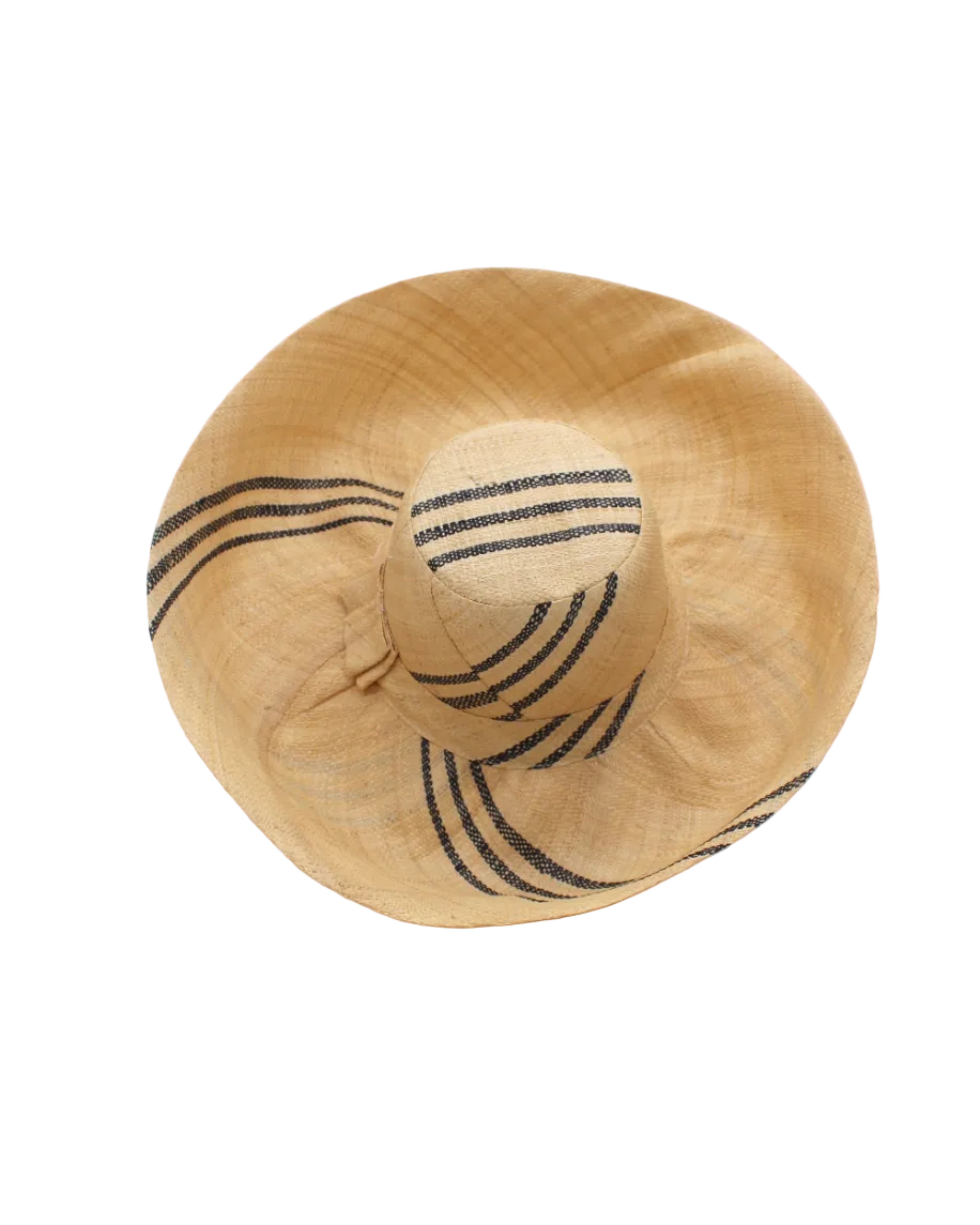 Monica 5" & 7" Wide Brim Racing Stripe Packable Straw Sun Hats handmade loomed natural raffia palm fiber in a solid hue of natural straw color with a black three stripe racing stripe pinstripe pattern that creates a swirl around the crown and brim of the hat lightweight breathable sun protection - Shebobo