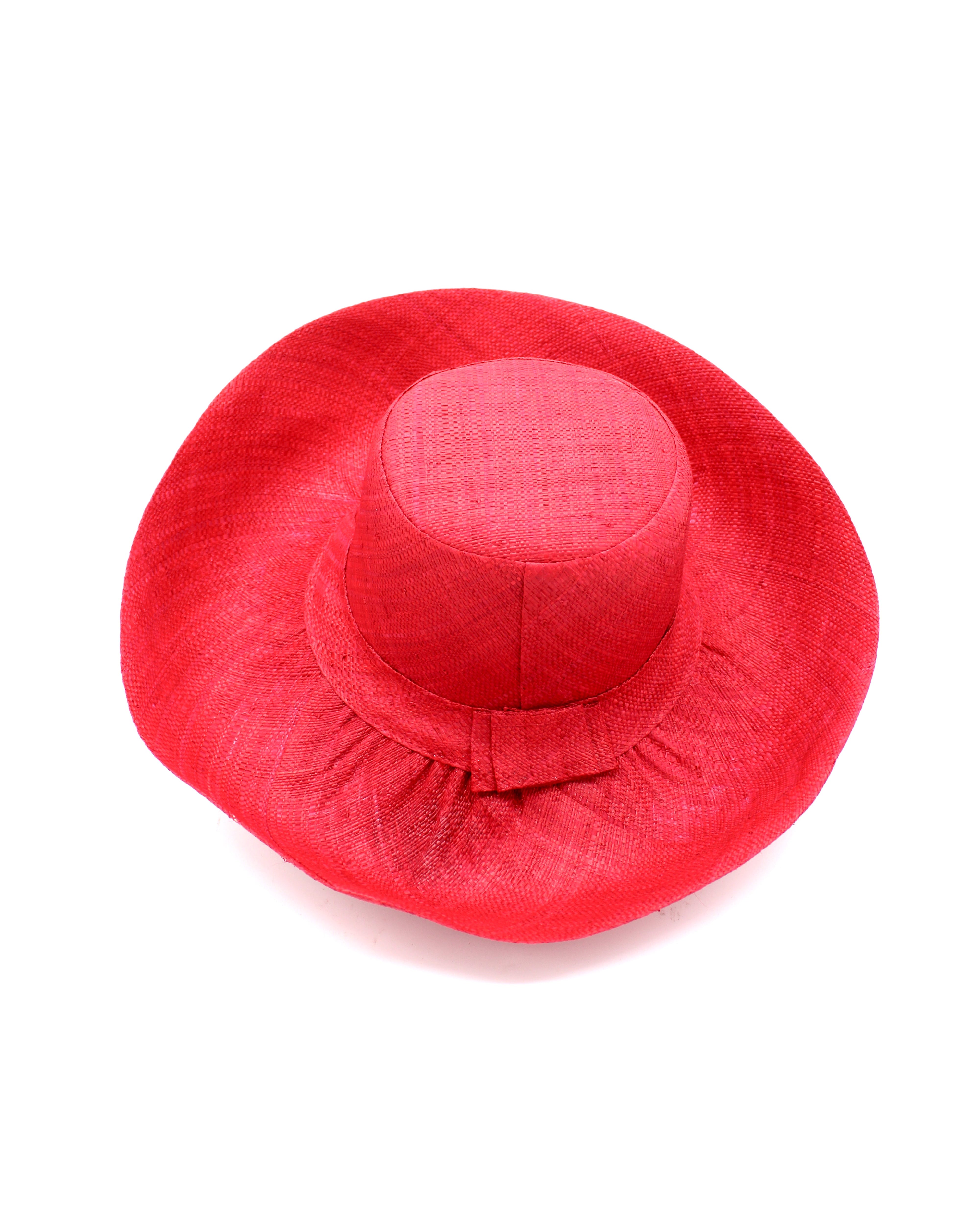 Monica 5" & 7" Wide Brim Red Packable Straw Sun Hat handmade loomed raffia in a solid hue of red lightweight malleable flexible sun protection hat - Shebobo