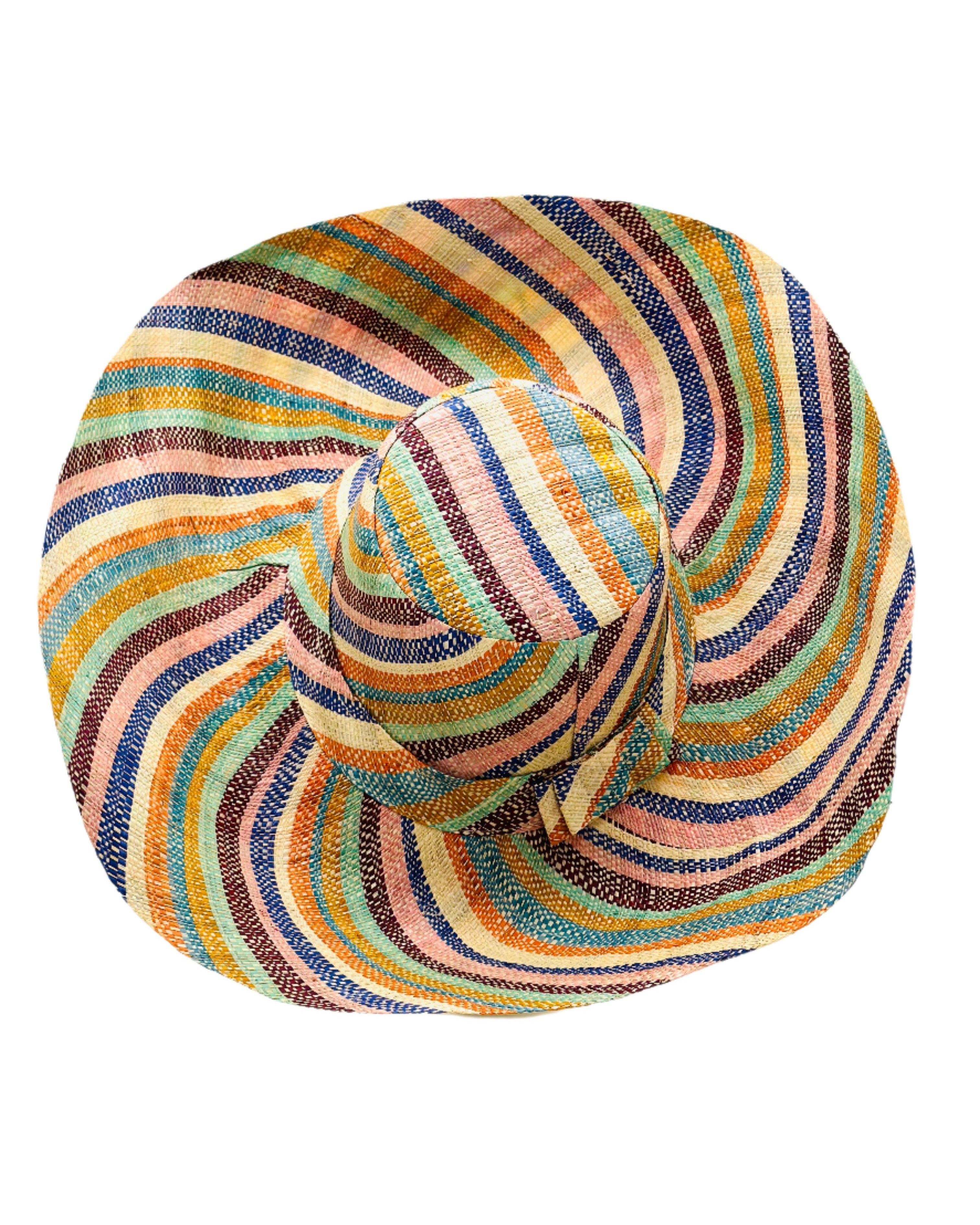 Monica 5" & 7" Wide Brim Taffy Multicolor Stripes Packable Straw Sun Hat Handmade loomed raffia in multi width bands of saffron yellow, turquoise blue, seafoam blue/green, orange, pink, bordeaux red, etc., and natural create a swirl pattern - Shebobo