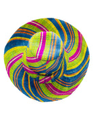 5" & 7" Wide Brim Turquoise and Lime Multicolor Stripes Packable Straw Sun Hat Handmade loomed raffia multi width bands of turquoise blue, lime green, fuchsia pink, orange, yellow, and natural straw color create a swirl pattern - Shebobo