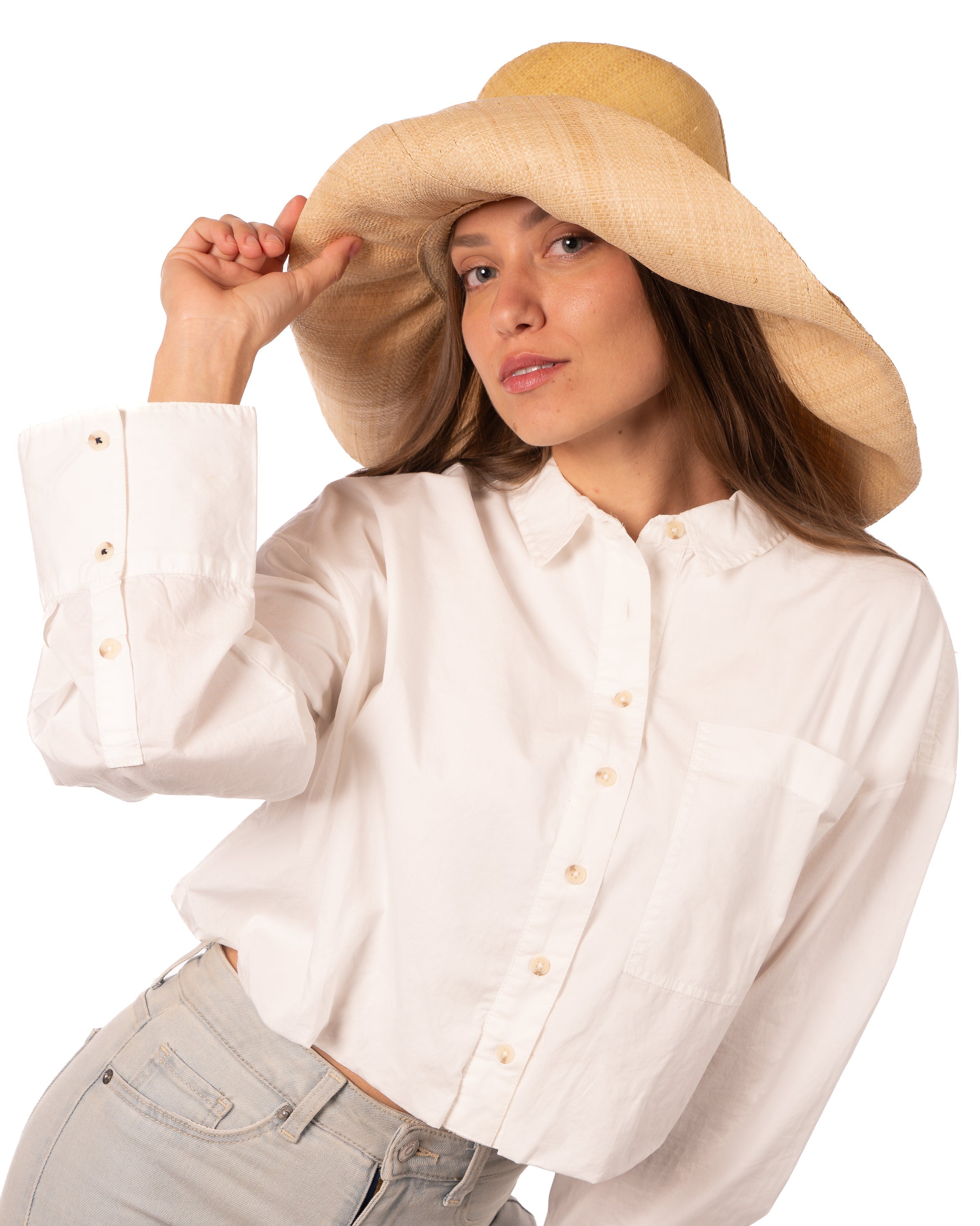 Model wearing Monica 7" Brim Two Tone Butter Straw Hat handmade loomed raffia color block pattern of the top half butter/light yellow and the bottom half natural straw color - Shebobo