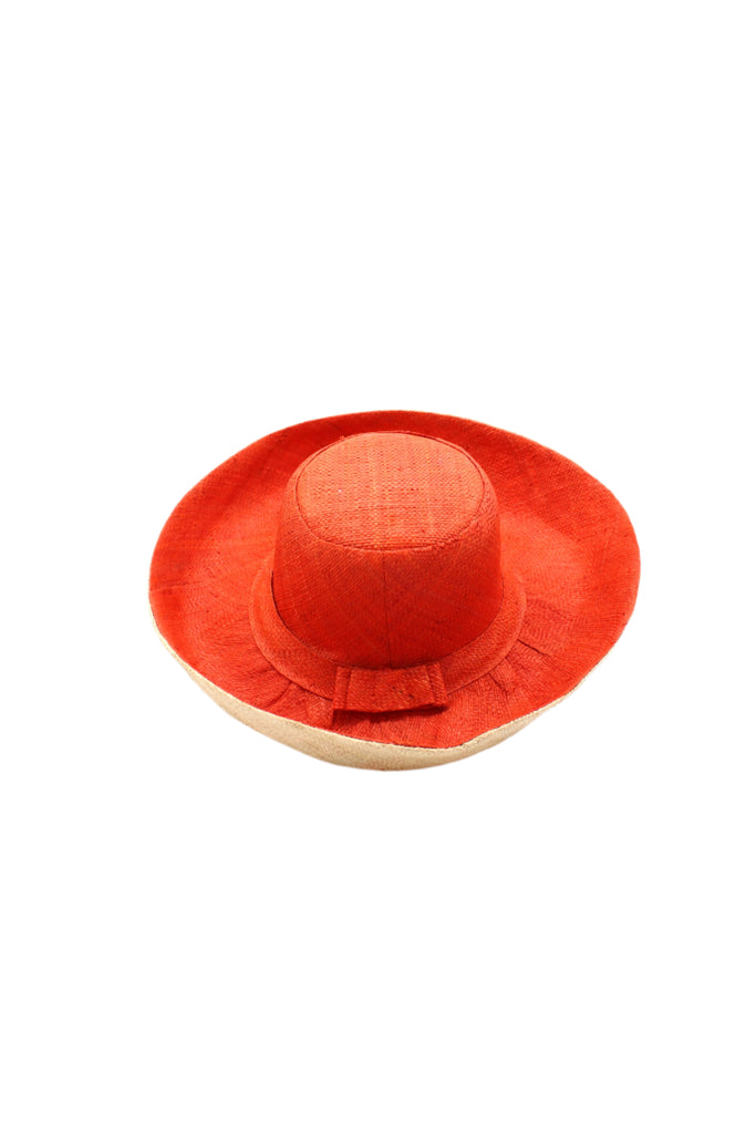Monica 5" & 7" Brim Two Tone Coral red/orange Straw Hat handmade loomed raffia color block pattern of the top half coral orange/red and the bottom half natural straw color - Shebobo