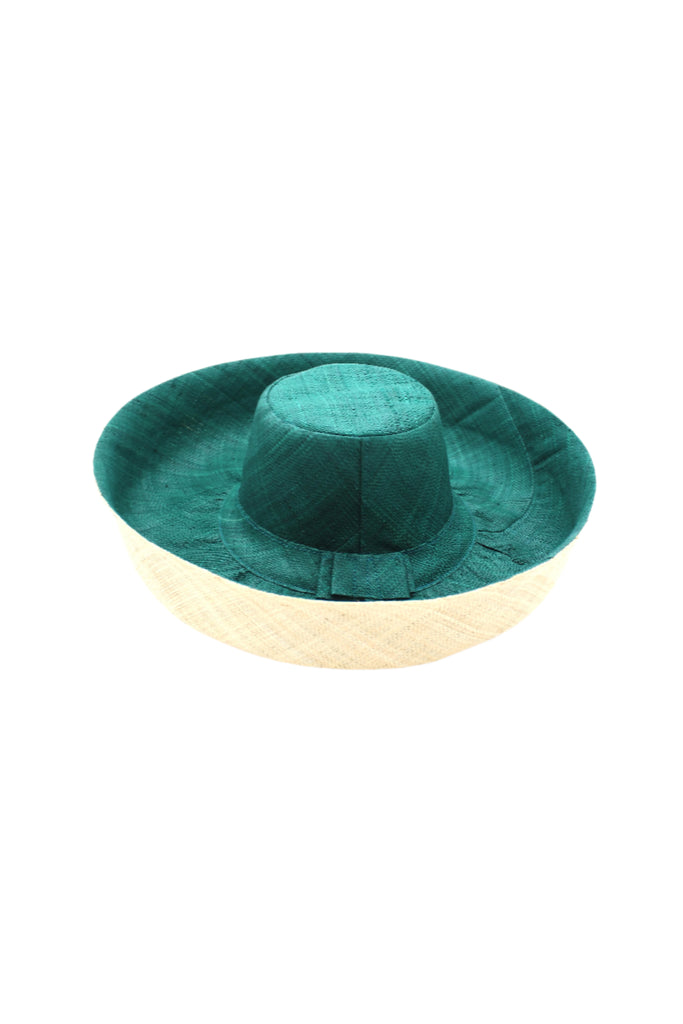 Monica 5" or 7" wide brim handmade teal dark/blue/green top half and natural straw color bottom half two tone loomed raffia sun protection packable lightweight straw hat - Shebobo