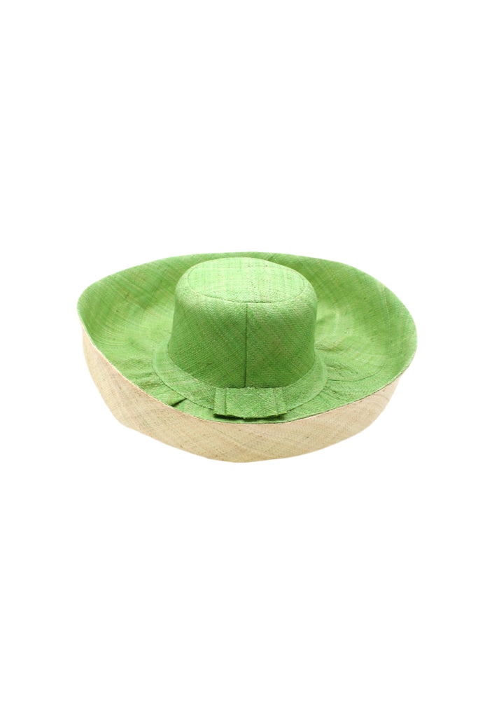 Monica 5" or 7" wide brim handmade wasabi light green top half and natural straw color bottom half two tone loomed raffia sun protection packable lightweight straw hat - Shebobo