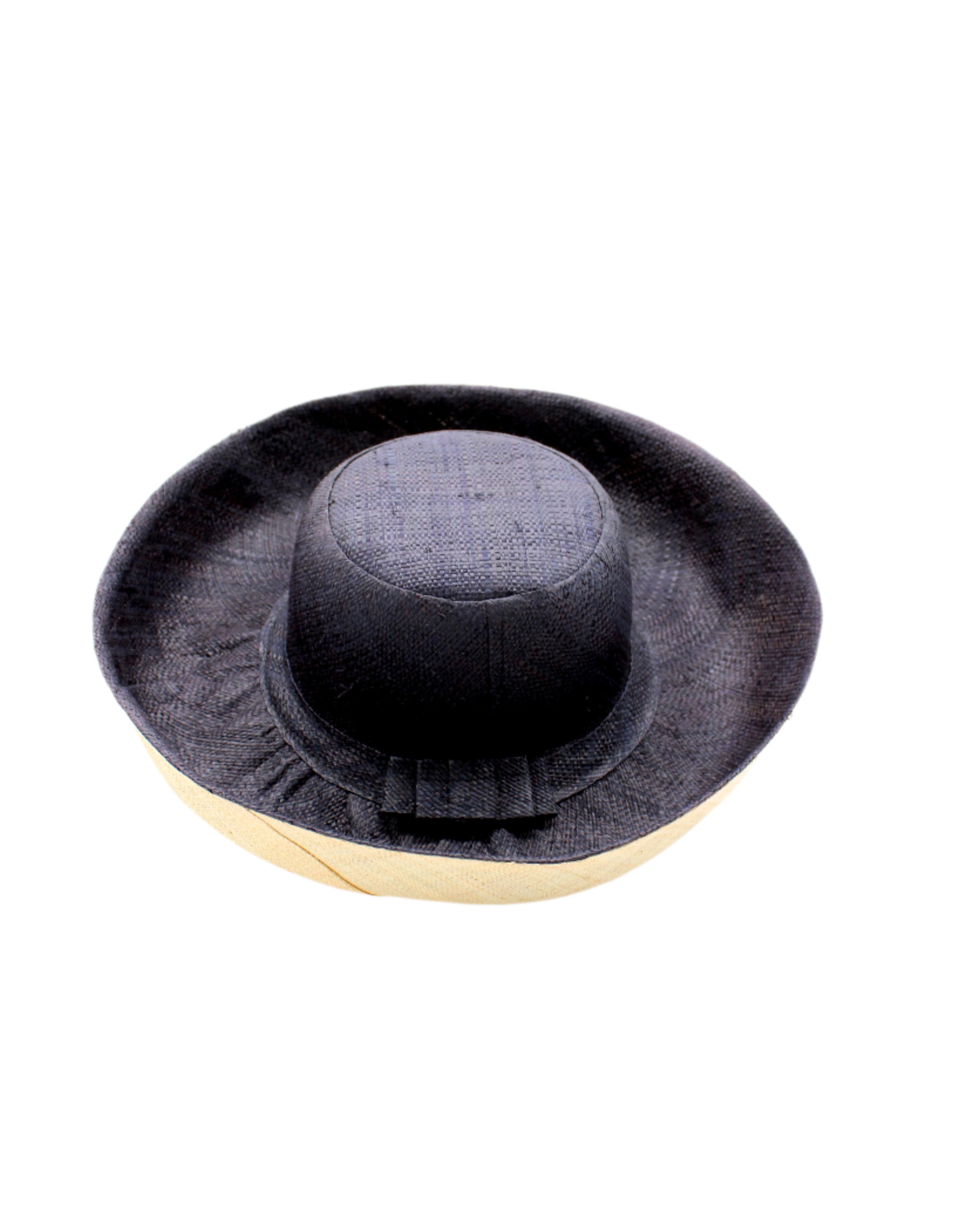 Monica 5" & 7" Wide Brim Two Tone Black Packable Straw Sun Hat handmade loomed raffia color block pattern of the top half black and the bottom half natural straw color - Shebobo