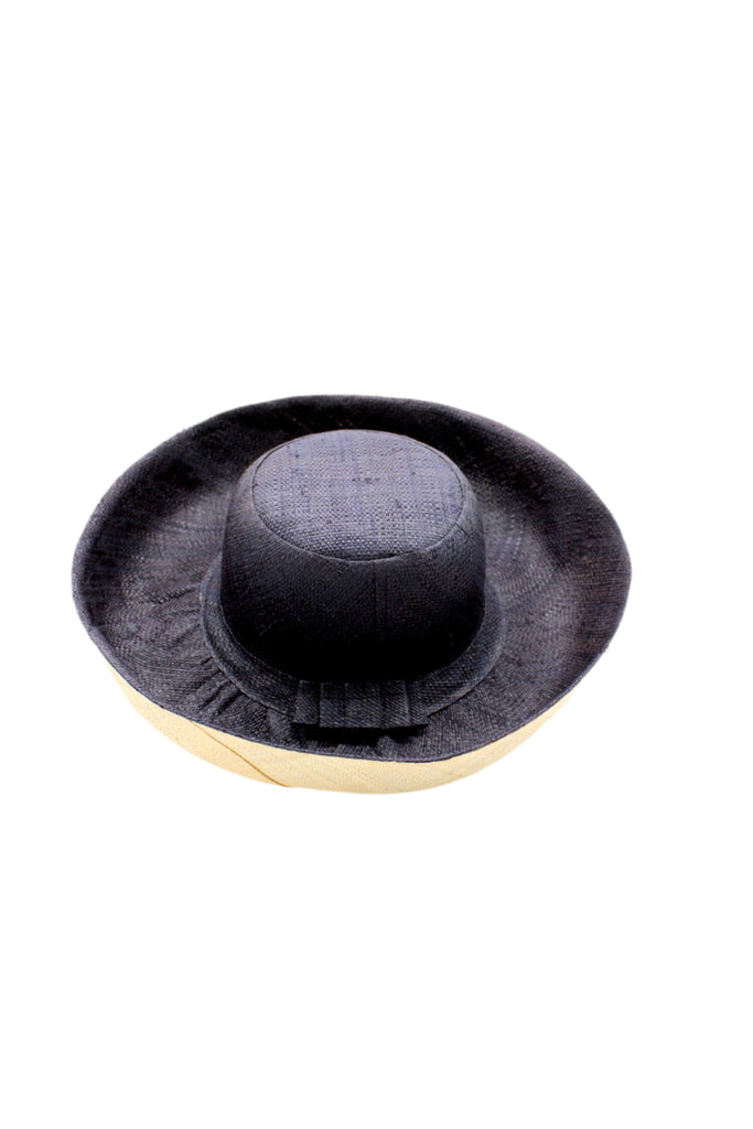 Monica 5" & 7" Wide Brim Two Tone Black Packable Straw Sun Hat handmade loomed raffia color block pattern of the top half black and the bottom half natural straw color - Shebobo