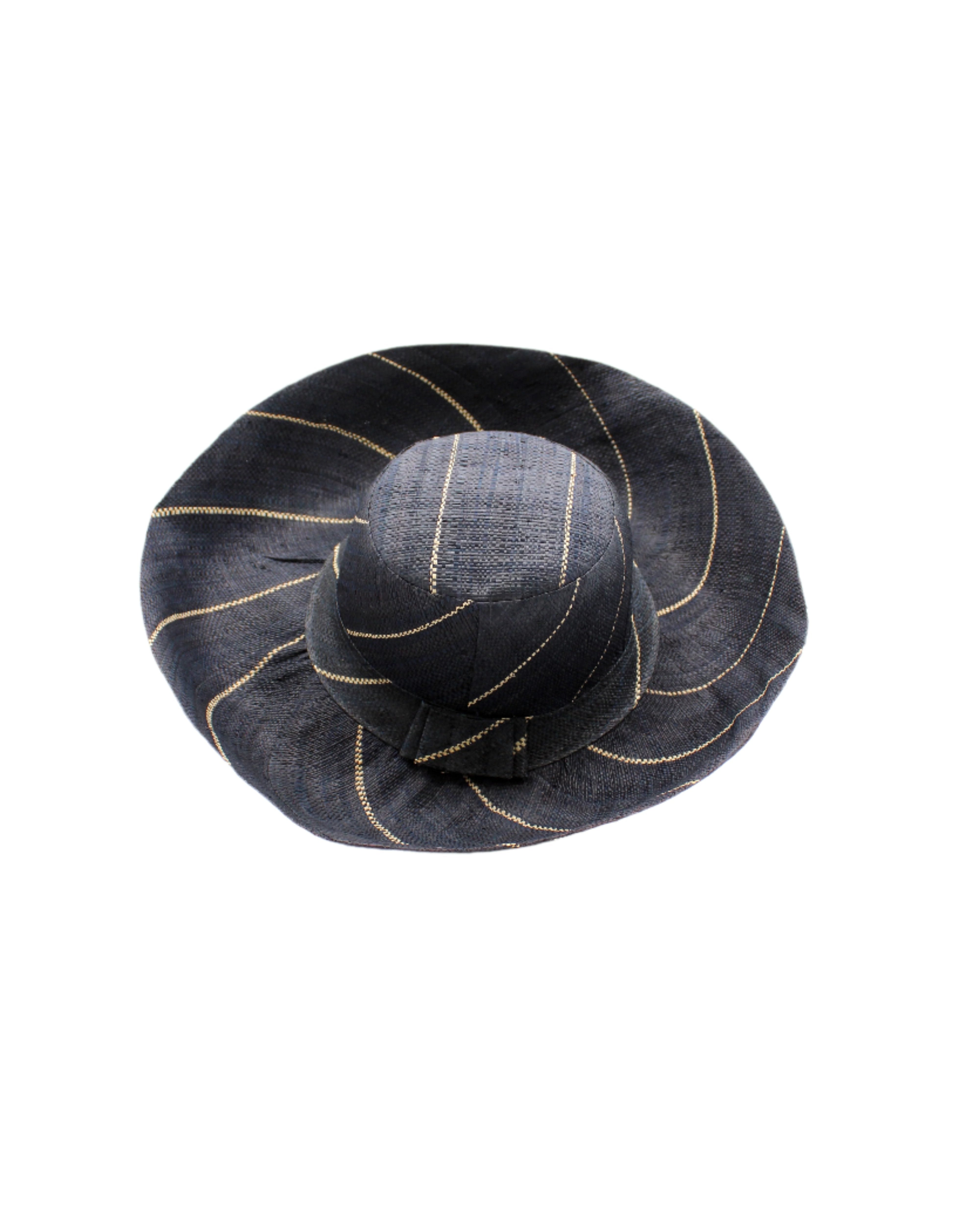 Monica 5" or 7" Wide Brim Black Pinstripes Packable Straw Sun Hat handmade loomed raffia in wide bands of black with narrow bands of natural straw color create a striped swirl pattern - Shebobo