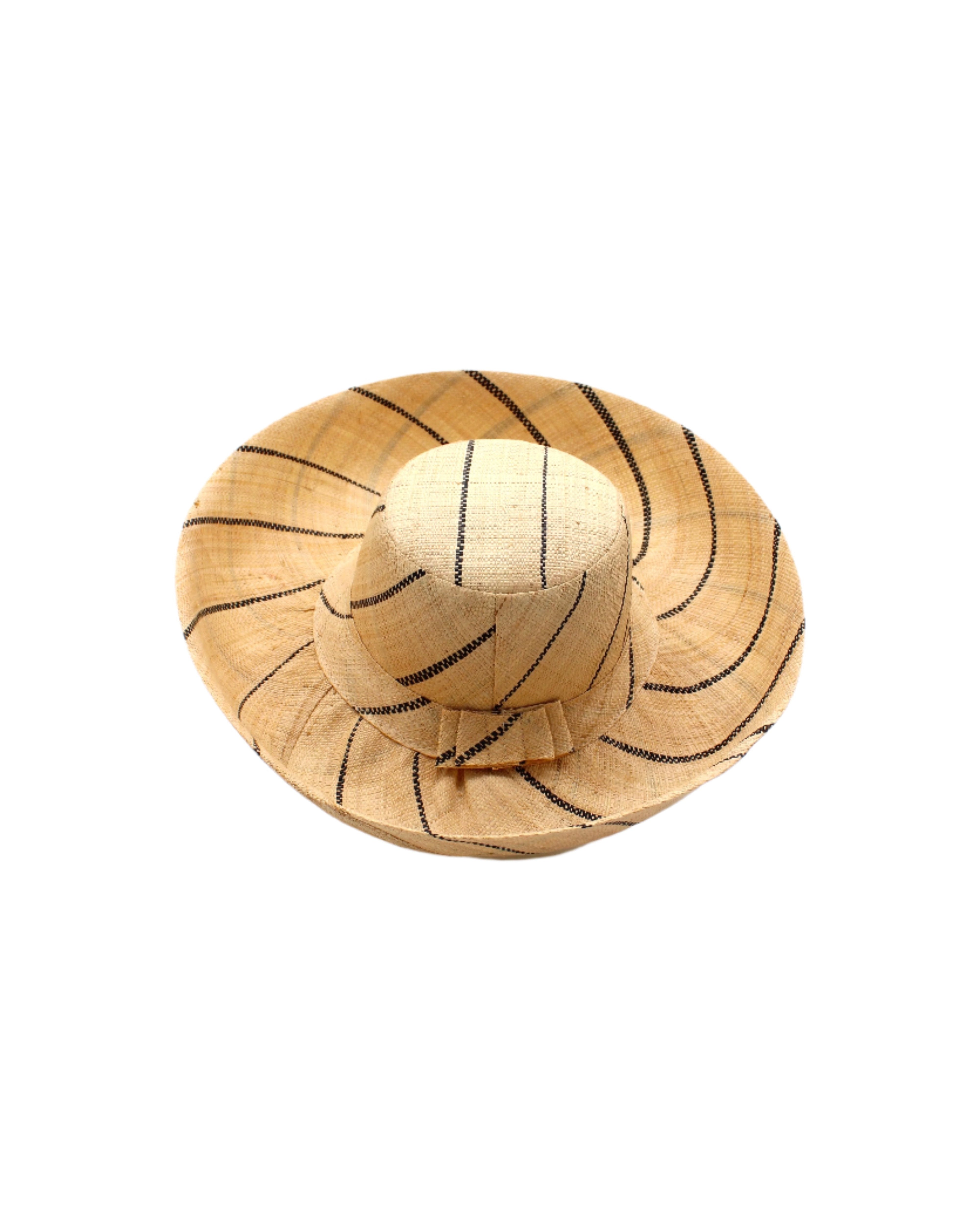 Monica 5" or 7" wide brim natural and black pinstripes packable raffia straw hat handmade loomed raffia in wide bands of natural straw color with black narrow bands create a stripe swirl pattern - Shebobo