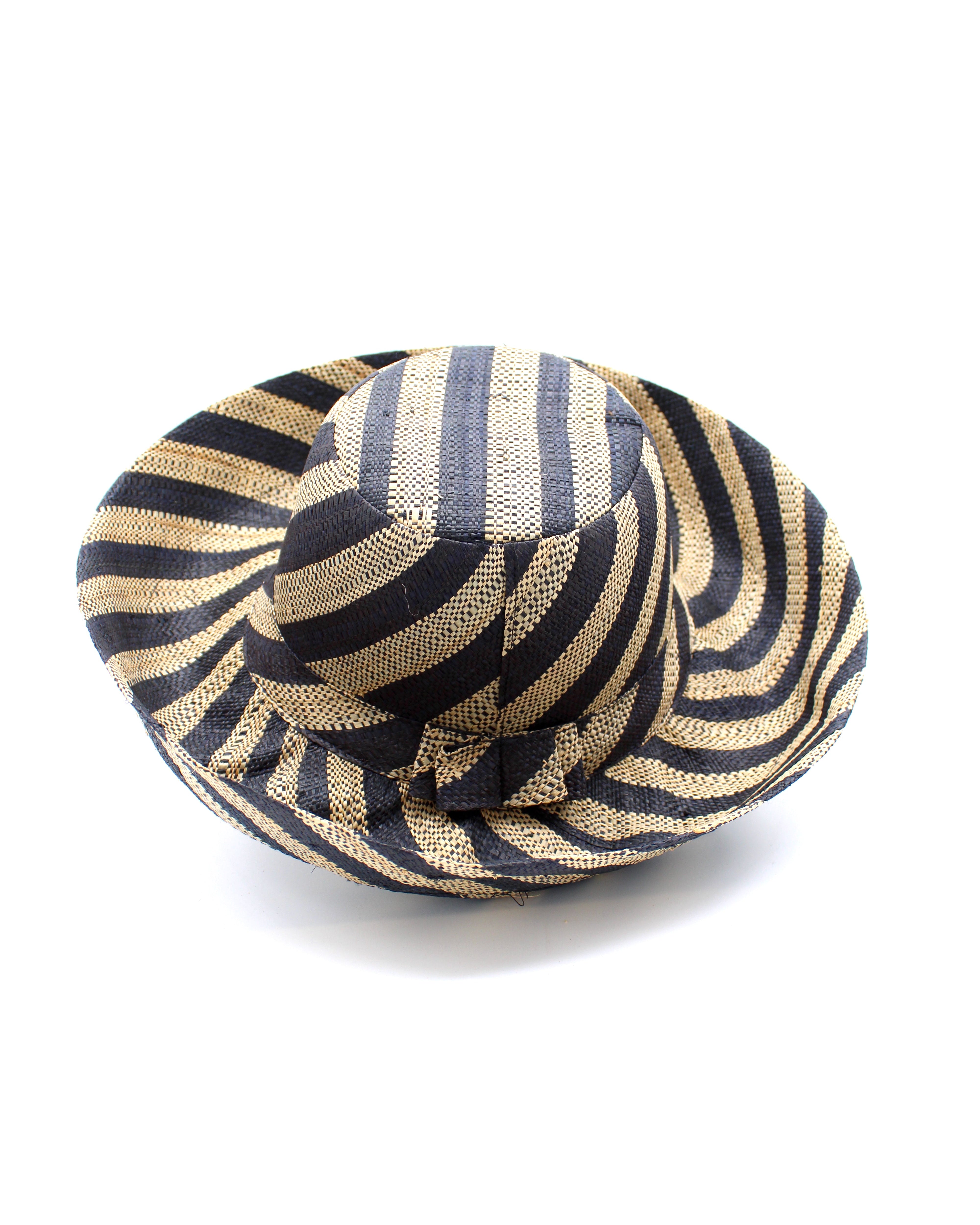 Monica 5" & 7" Wide Brim Black and Natural Stripe Multicolor Stripe Pattern Packable Straw Sun Hat handmade loomed raffia in bands of black and natural straw color create a striped swirl pattern - Shebobo