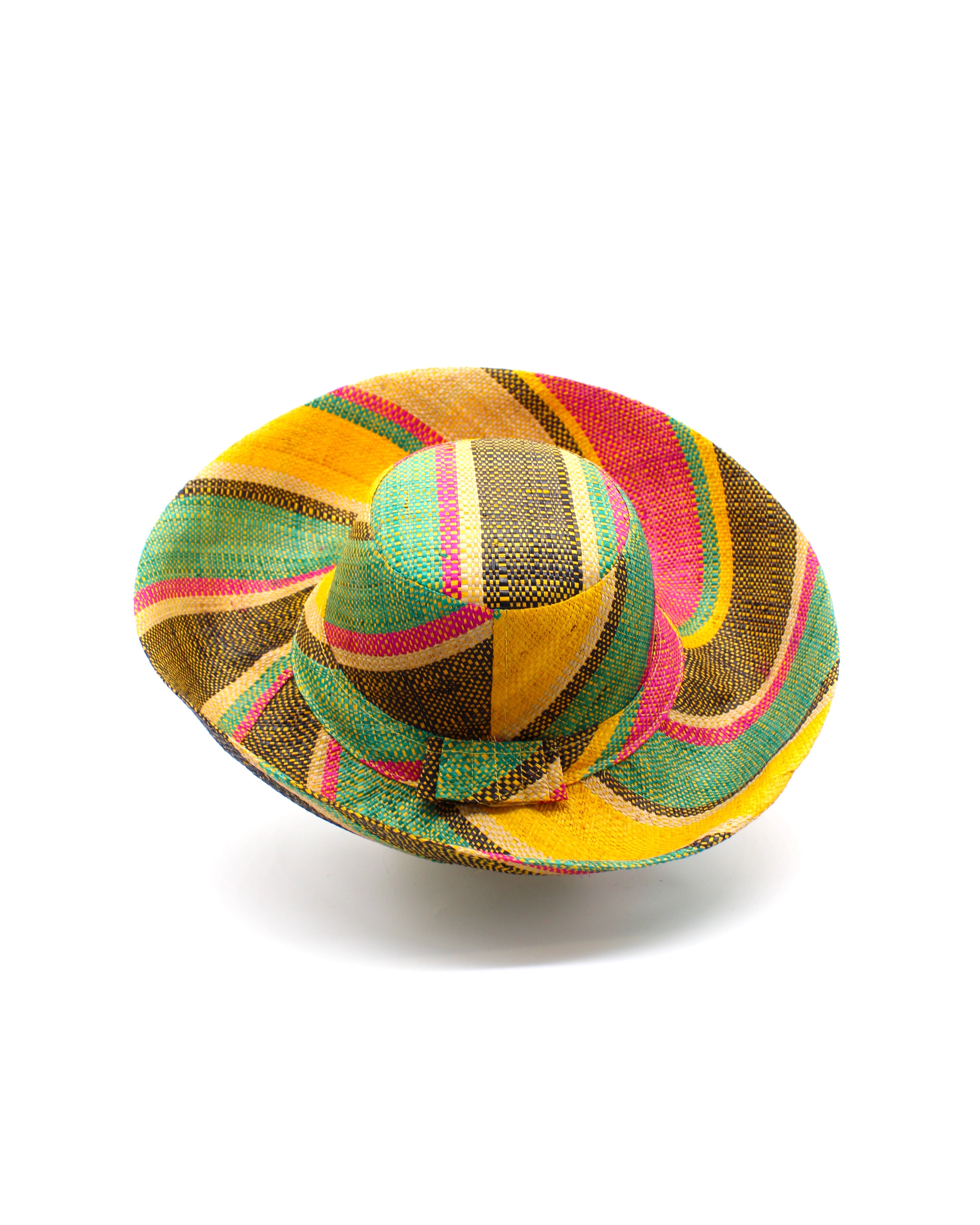 Monica 5" & 7" Wide Brim Carmalita Multicolor Stripes Packable Straw Sun Hat Handmade loomed raffia in multi width bands of saffron yellow, fuchsia pink, turquoise blue, black, and natural create a swirl pattern - Shebobo
