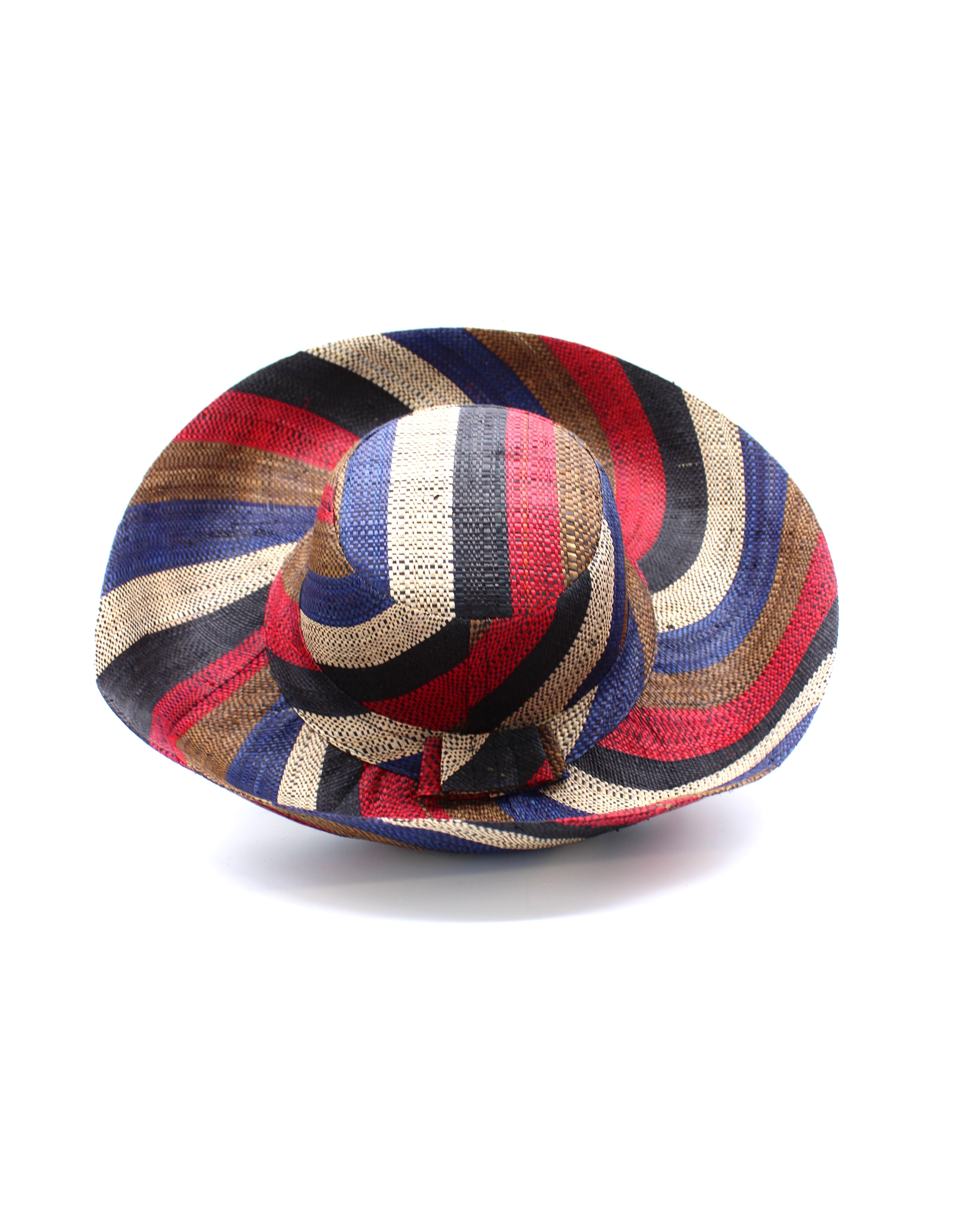 Monica 5" & 7" Wide Brim Dark & Moody Multicolor Stripes Packable Straw Sun Hat handmade loomed raffia in bands of natural, navy blue, red, black, and cinnamon/tobacco/brown stripes create a swirl pattern - Shebobo