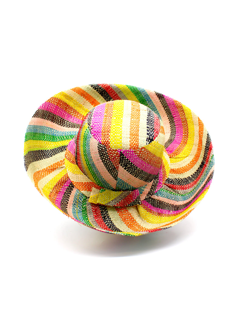 Monica 5" & 7" Wide Brim Lollipop Multicolor Stripes Packable Straw Sun Hat Handmade loomed raffia in multi width bands of saffron yellow, fuchsia pink, turquoise blue, black, grass green, seafoam blue/green, pink, yellow, orange, blue, red, whiskey brown, natural straw color, etc. create a swirl pattern - Shebobo